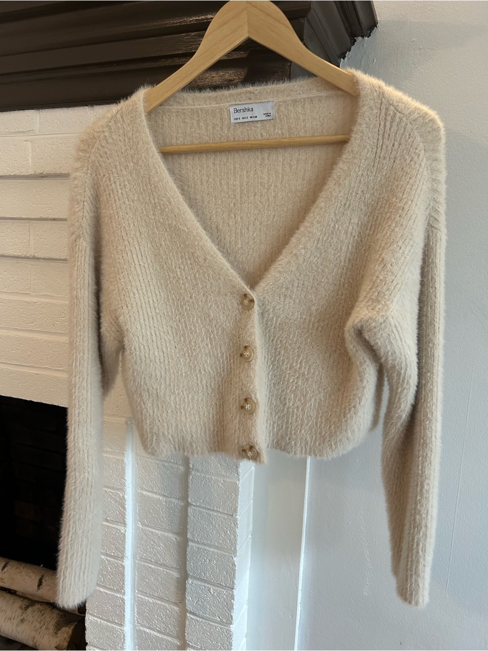 Bershka Beige Fuzzy Cropped Open Cardigan